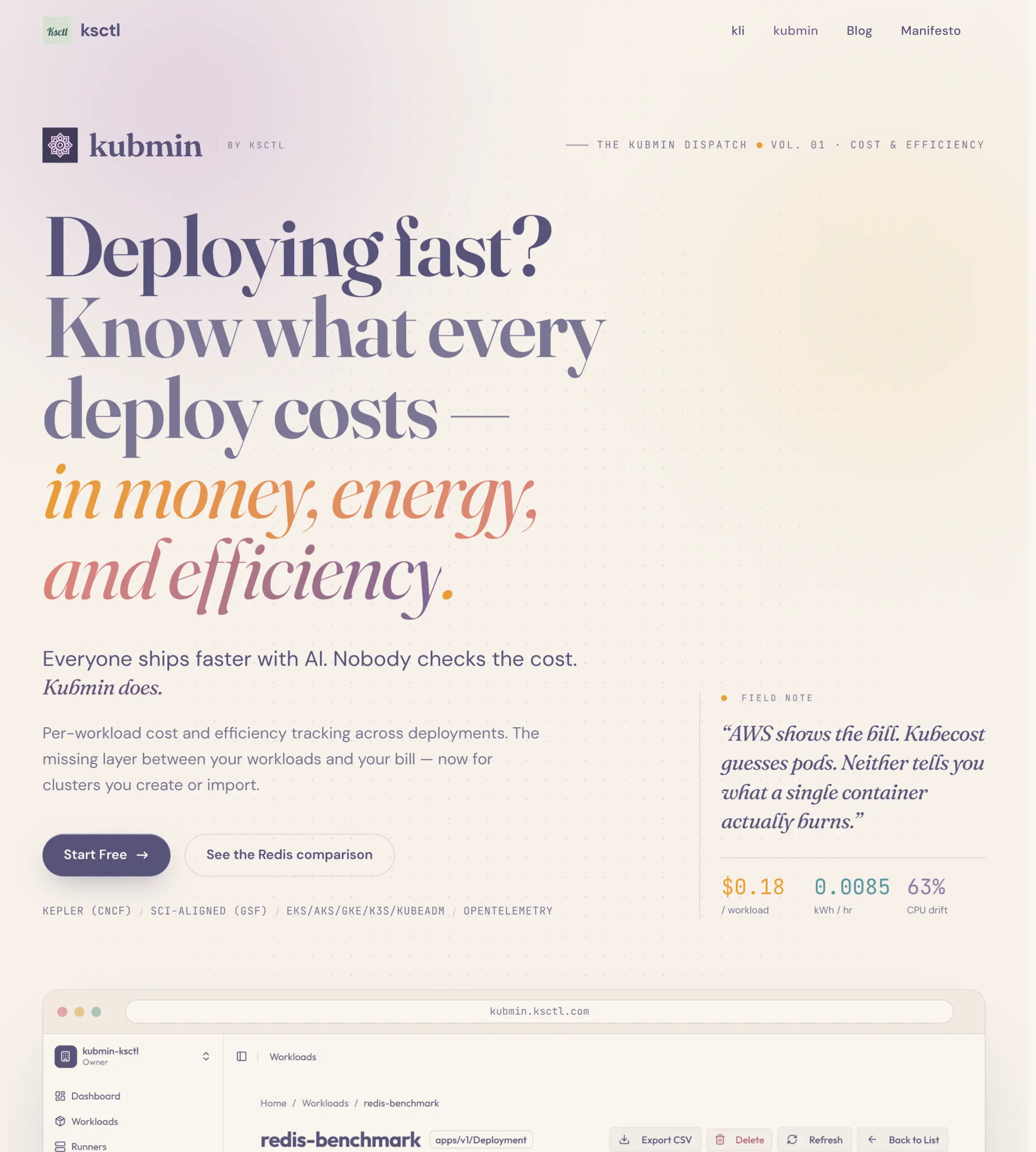 Kubmin product visual showing workload cost, energy, and efficiency insights