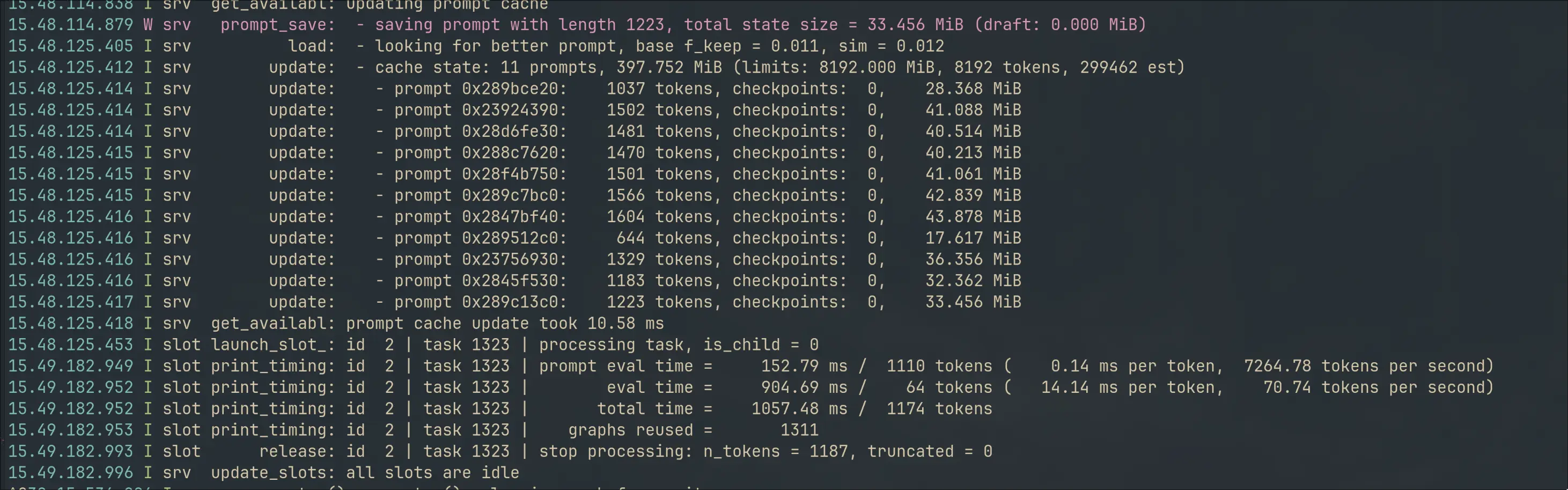 llama.cpp local Qwen2.5-Coder completion benchmark showing prompt and generation throughput for the Neovim Copilot alternative