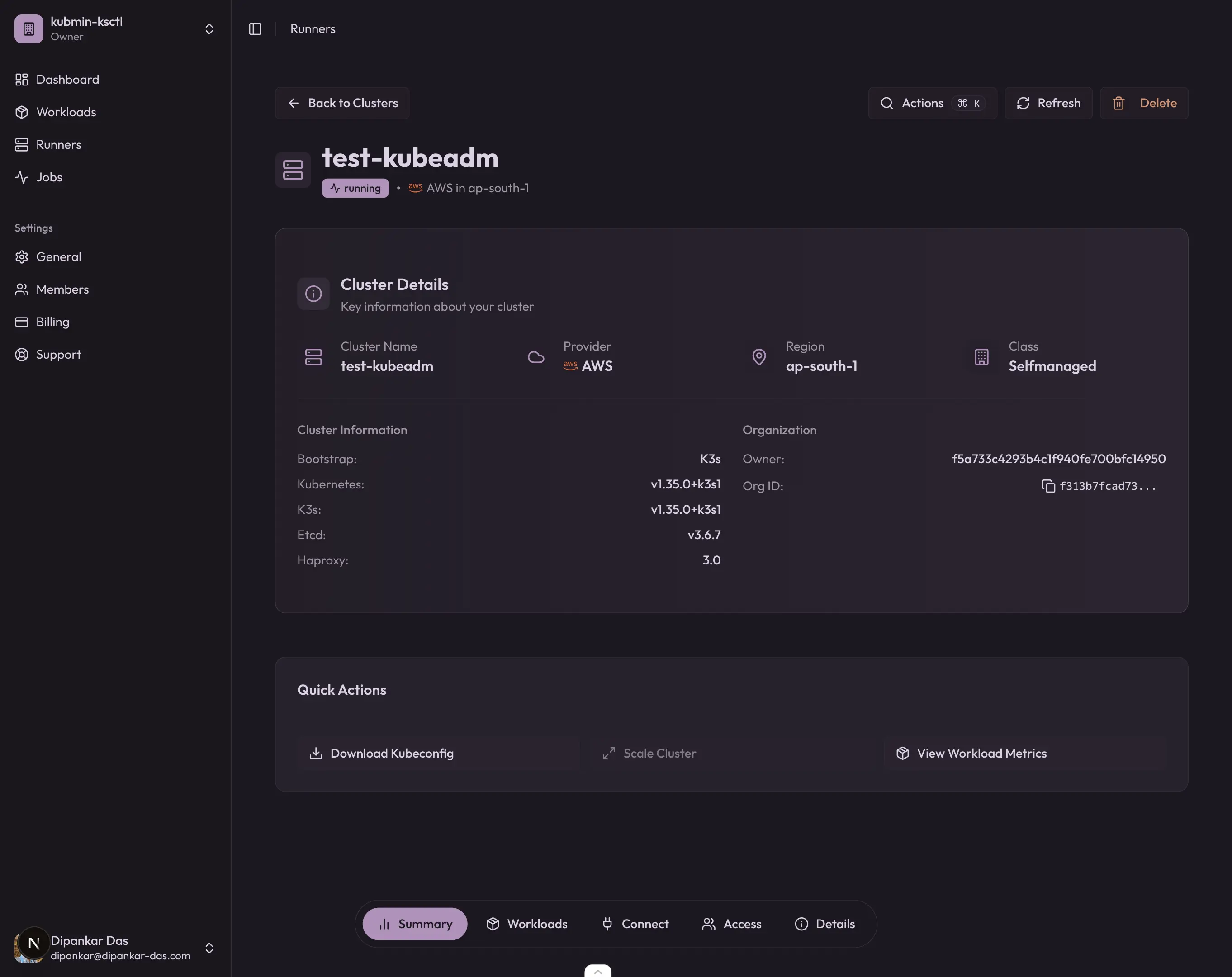 kubmin dashboard showing a self-managed K3s v1.35 cluster running on AWS